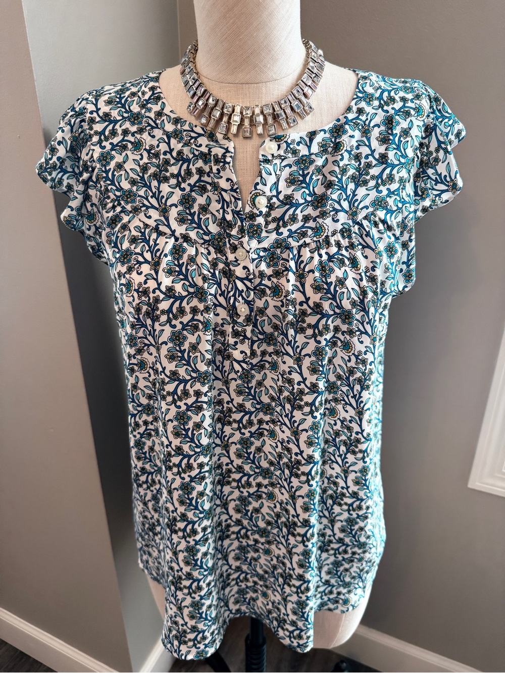 LOFT White Top with Blue Floral Print